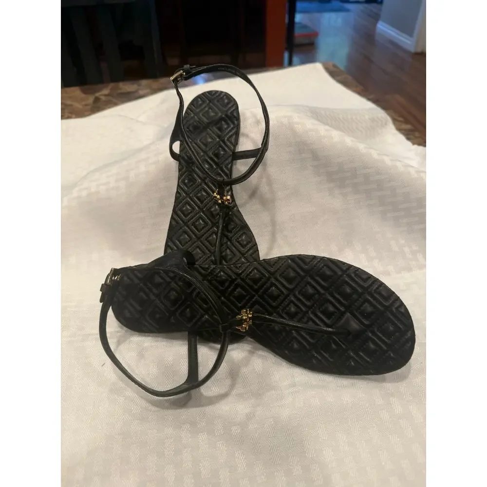 Tory Burch black sandals with gold accents. - Picture 3 of 4